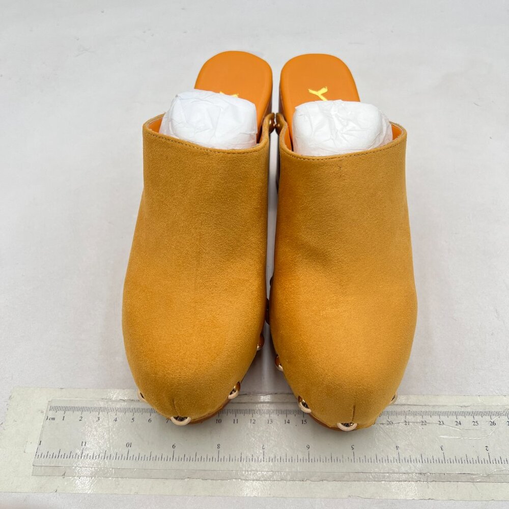 YDN Yellow Rounded Toe Studded Clogs Mules Platform Slip On Block Heel Shoe - Picture 2 of 7